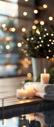 Cozy spa setting with lit candles and soft towels, evoking a peaceful and calming atmosphere perfect for relaxation.