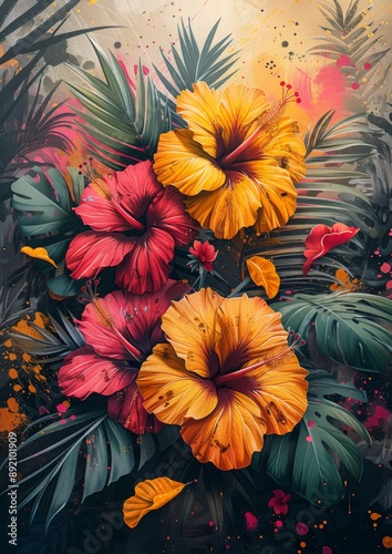 colorful flower and leaves tropical flower in spring season isolated in white background with watercolor style hand painting for summer design element greetings card 