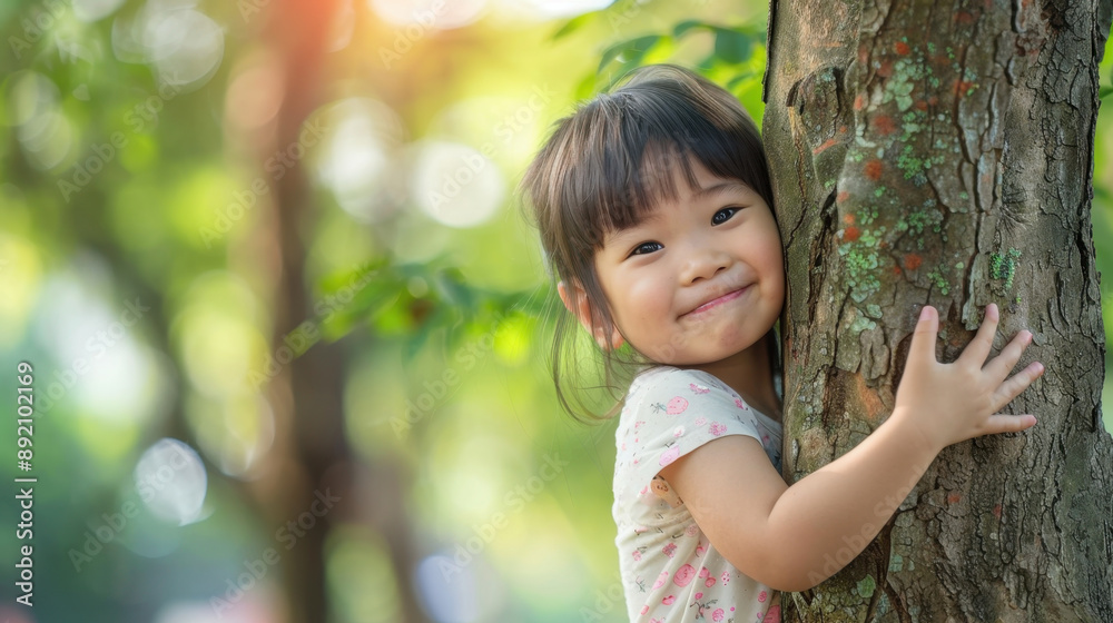 Happy child hugging a tree trunk in the forest Happy child hugging a tree trunk in the forest