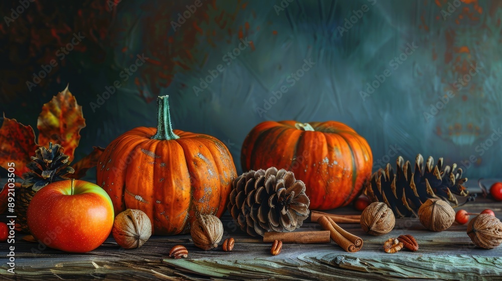 Autumn arrangement with pumpkins cones nuts cinnamon and apples on a wooden table Symbols of fall Thanksgiving and harvest Autumn arrangement with pumpkins cones nuts cinnamon and apples on a wooden table Symbols of fall Thanksgiving and harvest
