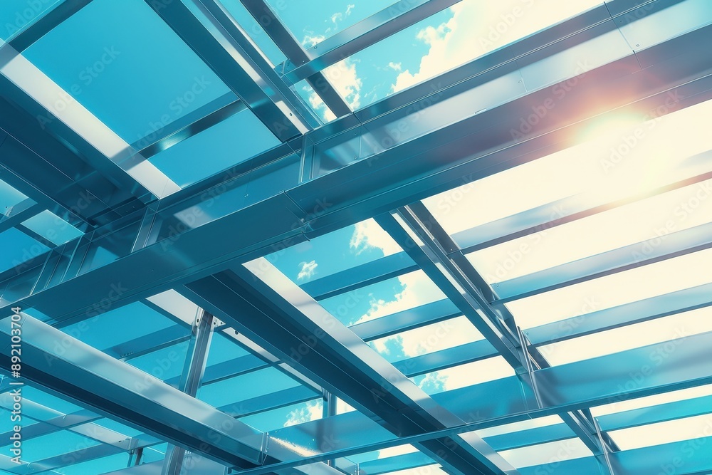 blue sky with a sun shining through a glass roof blue sky with a sun shining through a glass roof