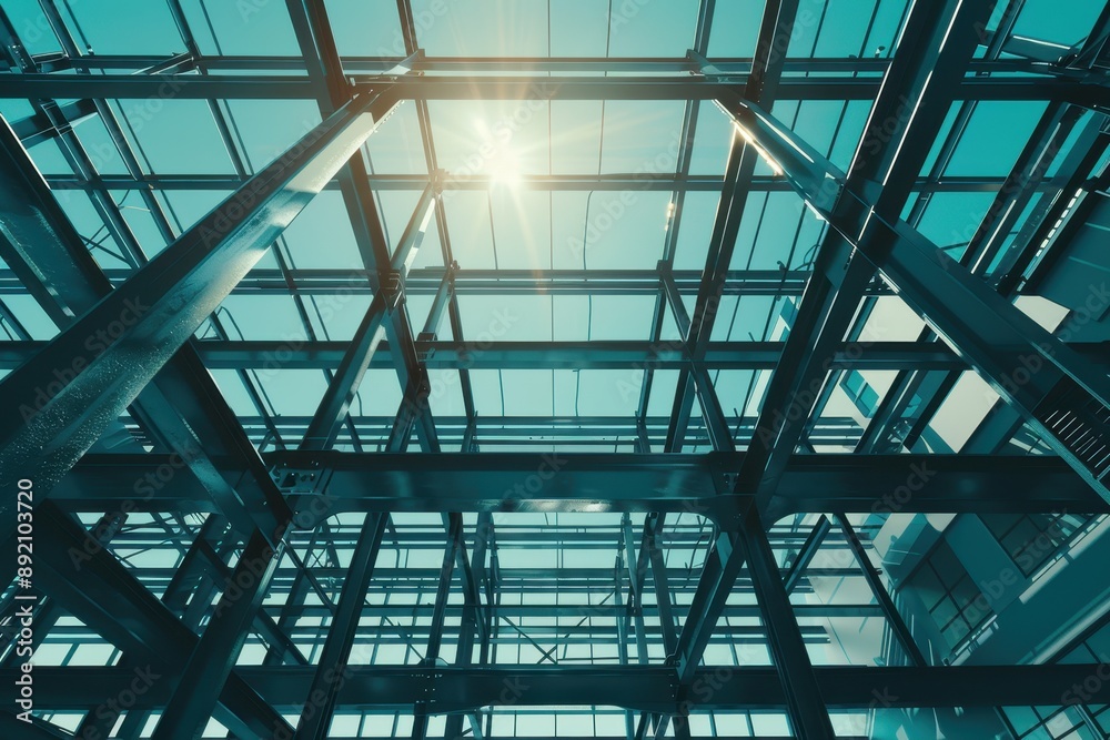 blue sky with a sun shining through a glass roof blue sky with a sun shining through a glass roof