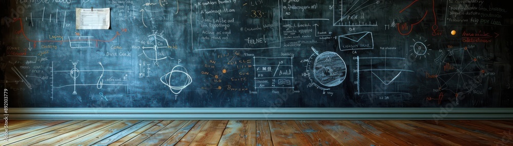 Empty classroom with chalkboard covered in scribbles and wooden floor. Empty classroom with chalkboard covered in scribbles and wooden floor.