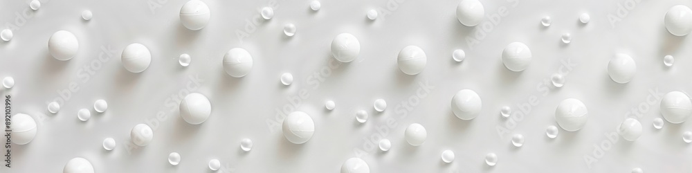 A white background with numerous small spheres of plastic material scattered across it A white background with numerous small spheres of plastic material scattered across it