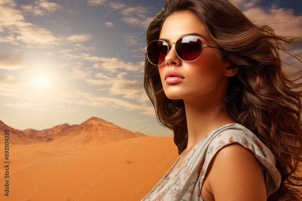 Elegant woman wearing sunglasses in a hot desert environment Isolated on white background Elegant woman wearing sunglasses in a hot desert environment Isolated on white background