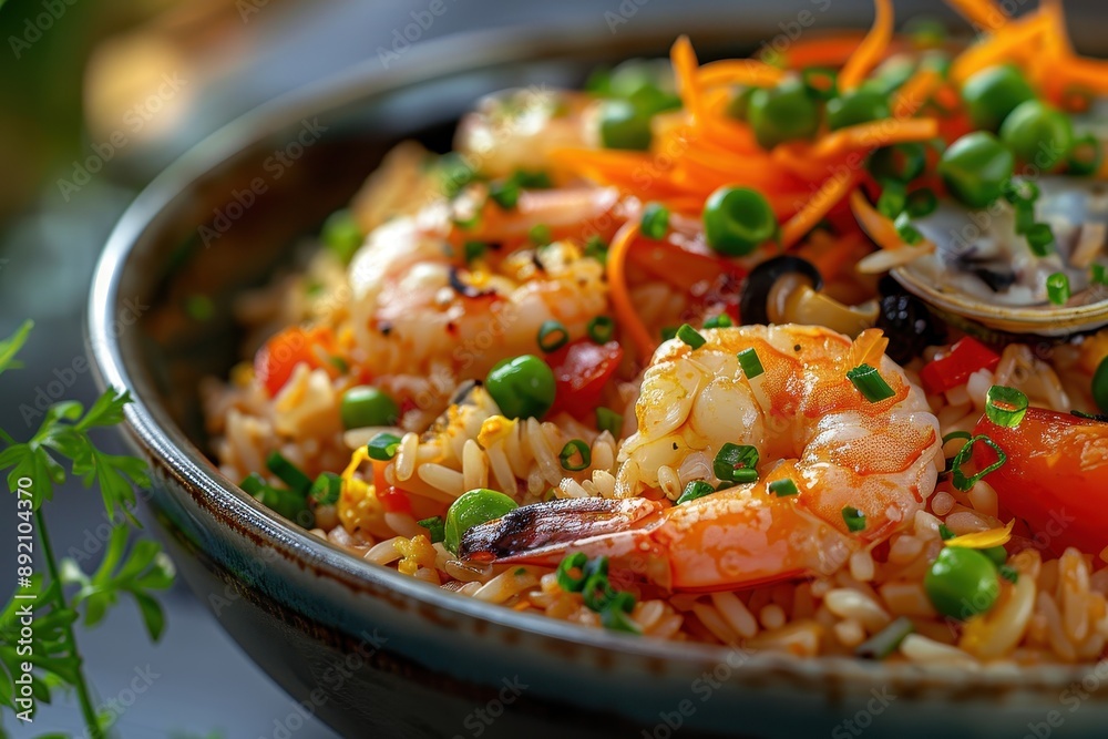 bowl of shrimp and rice with carrots and peas bowl of shrimp and rice with carrots and peas
