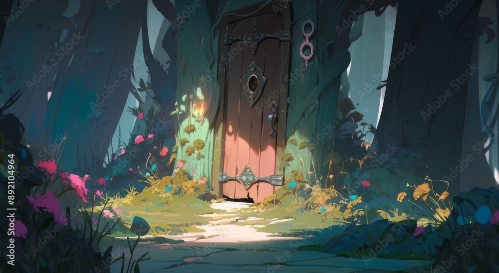 Fototapeta premium Mystical Portal in the Enchanted Forest: A Magical Anime-Inspired Wallpaper for Fans of Whimsical Wonders