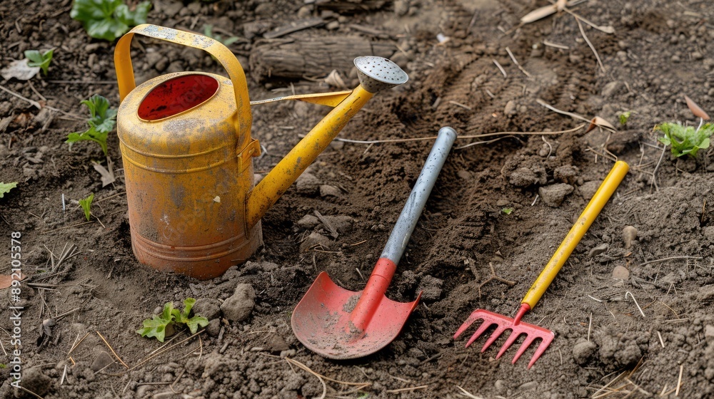 Child sized watering can rake and shovel on the ground Child sized watering can rake and shovel on the ground