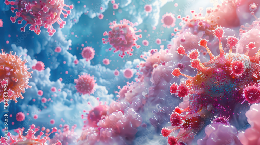A pink and red virus is floating in the air. The virus is surrounded by a blue sky A pink and red virus is floating in the air. The virus is surrounded by a blue sky