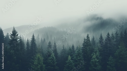 Foggy fir forest landscape, hipster retro style, muted colors, serene atmosphere, plenty of copy space