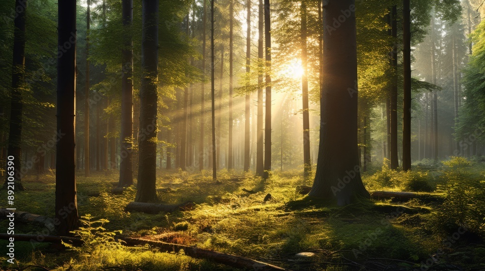 Obraz premium Forest glade bathed in golden sunlight, surrounded by tall trees