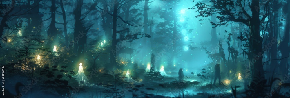 Obraz premium Mystical Animated Forest: A Luminous Realm of Glittering Souls and Enchanted Canopy