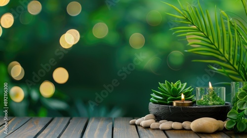 Serene spa scene with candles, green plants, and pebbles on a wooden surface against a lush, blurred green background with bokeh lights.