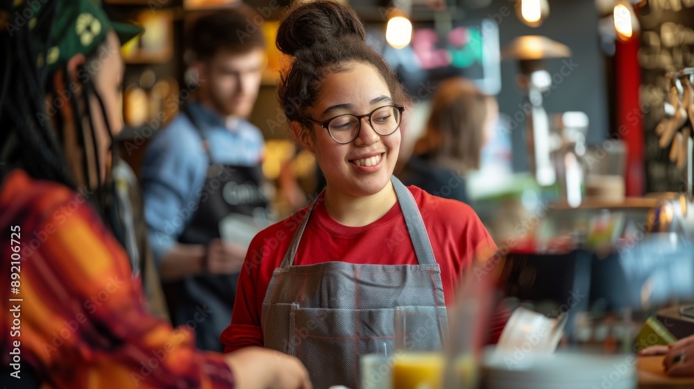 Friendly mixed-race server with Down syndrome taking an order in a busy cafe Friendly mixed-race server with Down syndrome taking an order in a busy cafe