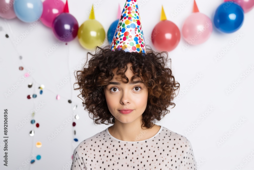 Gen Z girl with party hat and festive decorations Isolated on white background Gen Z girl with party hat and festive decorations Isolated on white background