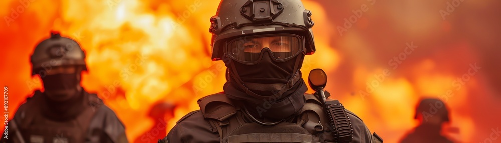 Militant group in a standoff with law enforcement, tense and volatile situation, focus cover all object, deep depth of field, no blur, Militant group in a standoff with law enforcement, tense and volatile situation, focus cover all object, deep depth of field, no blur,