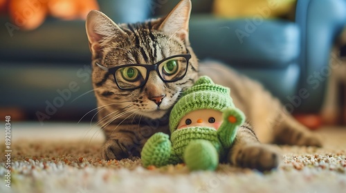 A cat with black glasses lying on the floor playing with a green doll photo