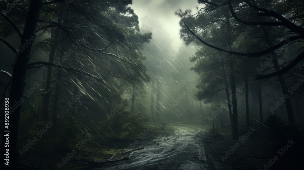 Fototapeta premium Intense rain and gusty winds in a forest, trees swaying violently