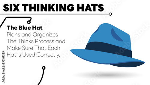 Illustration of The Blue Hat. The Blue hat from Six Thinking Hats about process and organizes. Illustration for slide presentation or web banner. Vector illustration. All in a single layer.