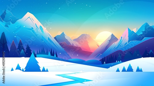 Icy snow mountain landscape flat design side view frozen theme cartoon drawing Triadic Color Scheme photo