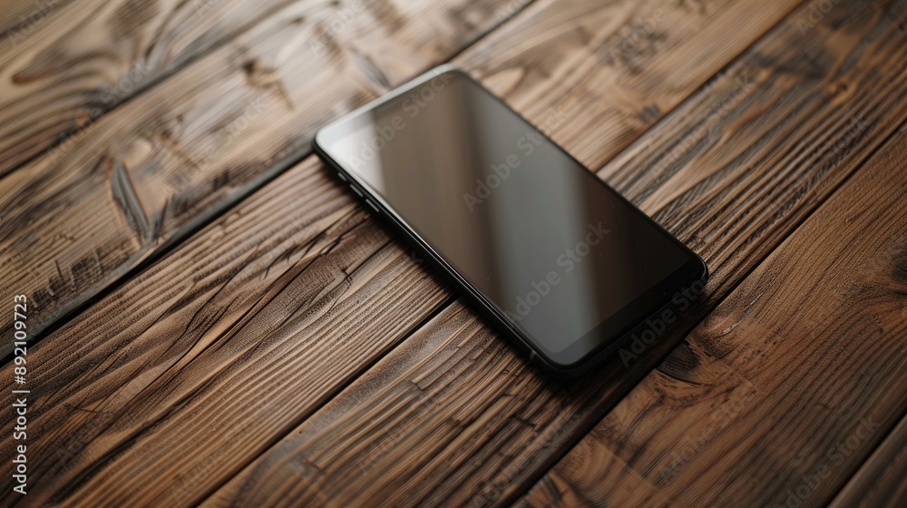 Fototapeta premium Close up of smartphone on wooden table with room for text