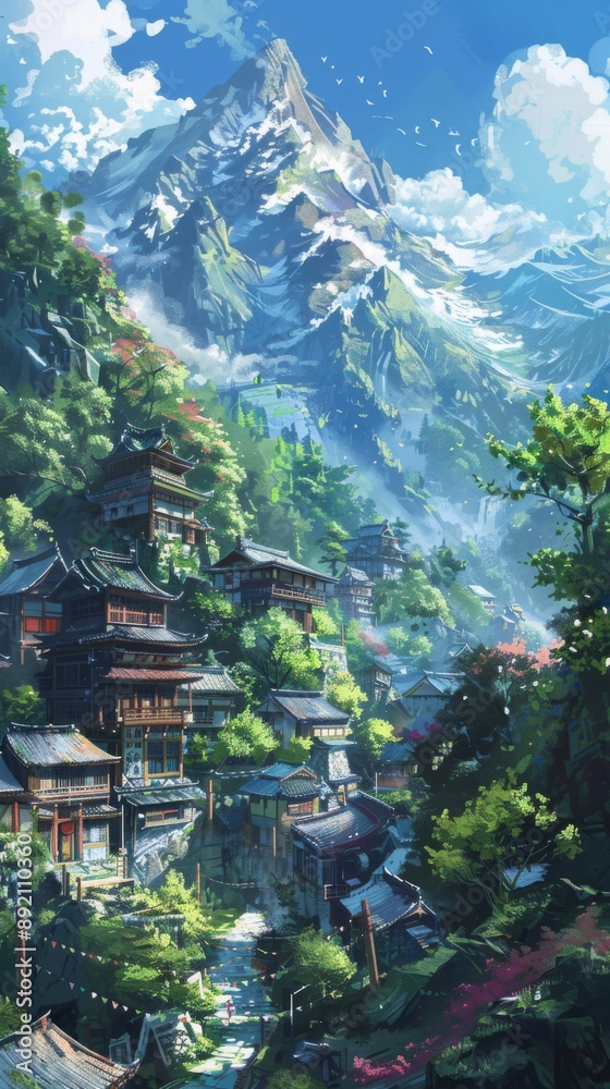 Obraz premium Tranquil Anime-Style Village: A Peaceful Rural Idyll in a Whimsical, Artistic Landscape