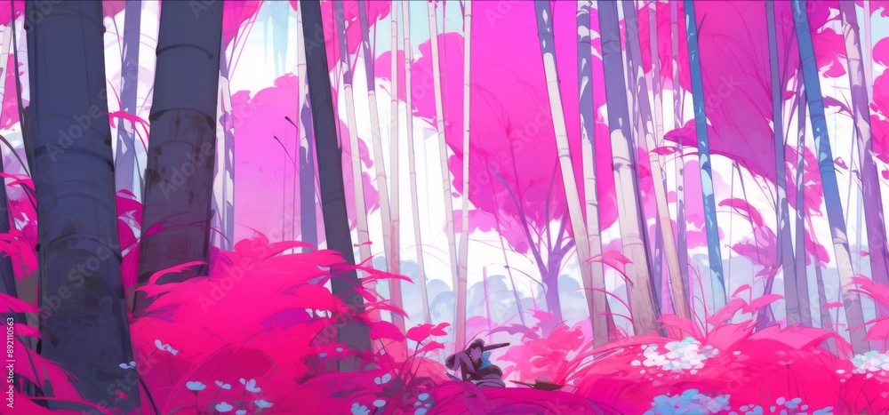 Fototapeta premium Pink Bamboo Grove: A Tranquil Wallpaper of Nature's Serene Pink Canopy