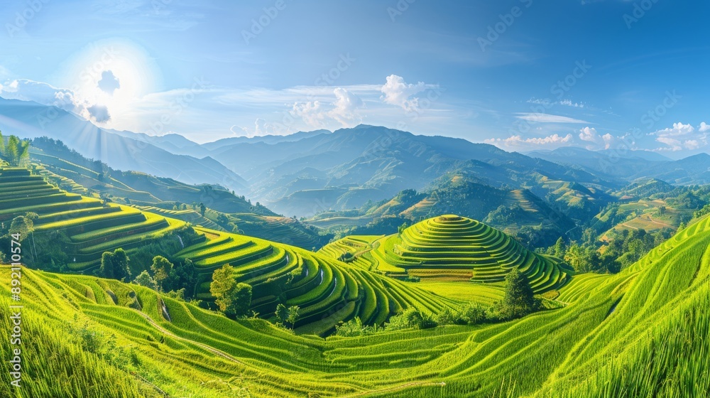 Lush green terraced rice fields in Mu Cang Chai under a clear blue sky Lush green terraced rice fields in Mu Cang Chai under a clear blue sky
