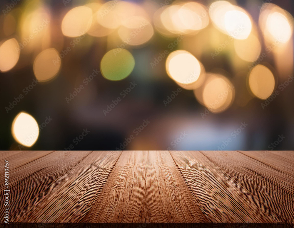 Warm Glow: Wooden Surface with Blurred Lights Warm Glow: Wooden Surface with Blurred Lights