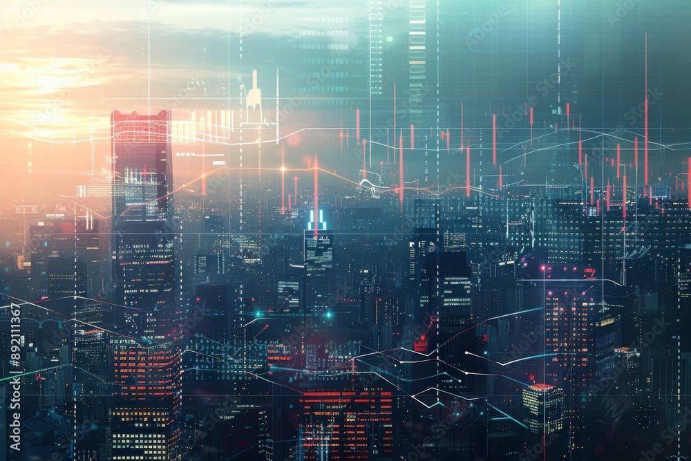 Obraz premium Futuristic Cityscape of Predictive Analytics: A Visual Tapestry of Financial Forecasts and Investment Trends