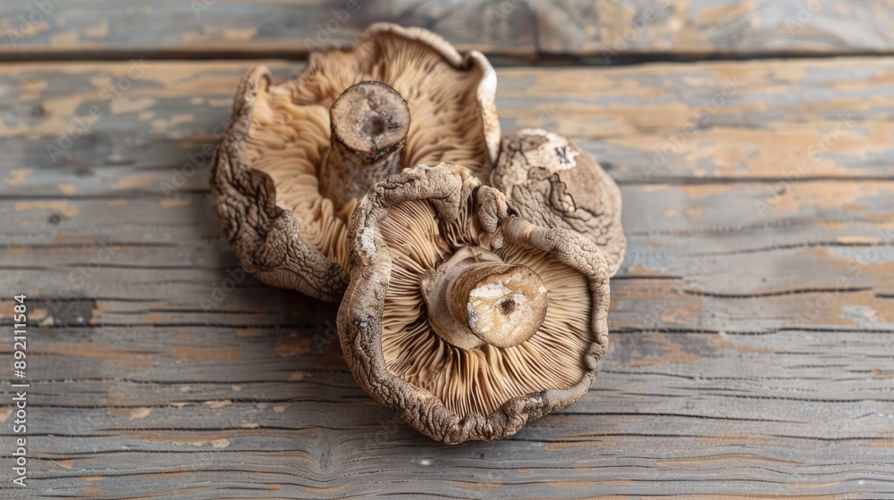 Dried Macrolepiota procera mushrooms on a wooden surface Dried Macrolepiota procera mushrooms on a wooden surface