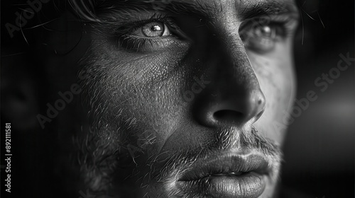 Black and white portrait of a man's face with intense eyes. Wall art, leaflet, and poster design, website, and media decor. Commercial use, 300 dpi. 