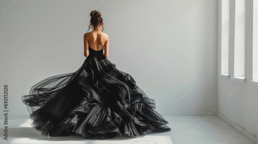 A woman in a flowing black gown stands with her back to the camera, her hair styled in a bun, in a bright white room. A woman in a flowing black gown stands with her back to the camera, her hair styled in a bun, in a bright white room.