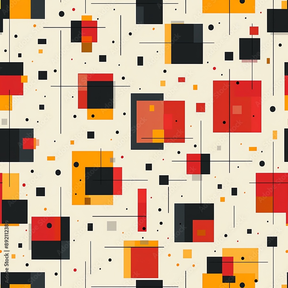 Abstract geometric pattern with red, yellow, and black squares on a cream background. Abstract geometric pattern with red, yellow, and black squares on a cream background.