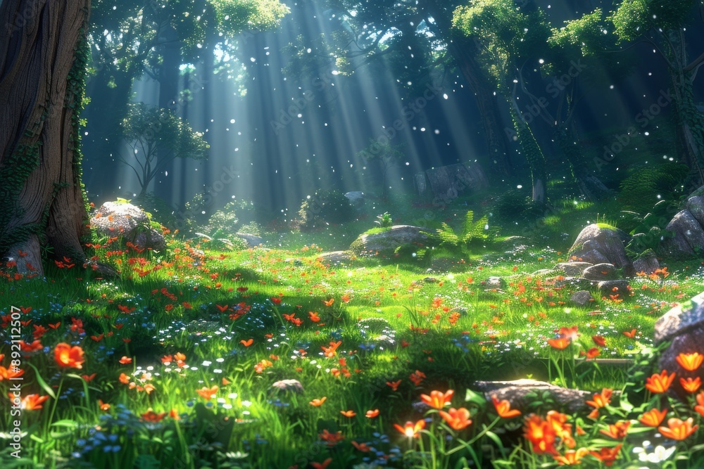 Obraz premium beautiful jungle landscape nature digital art scene illustration, morning view with colorful cool bluish effect and clouds with bright sky through foggy, greeny mountain range coved with forest