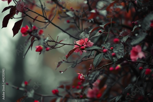 Dark green leaves, branches, pink flowers, and buds ideal for natureinspired designs, greeting cards, botanical prints, and springthemed projects photo