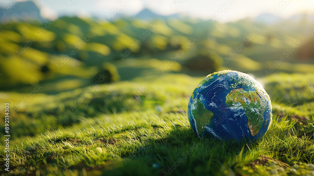 Miniature rendering of the Earth set against a natural blurry hills background. HD 4k wallpaper background photos for Earth Day celebration, World Environment Day, World Conservation Day Miniature rendering of the Earth set against a natural blurry hills background. HD 4k wallpaper background photos for Earth Day celebration, World Environment Day, World Conservation Day