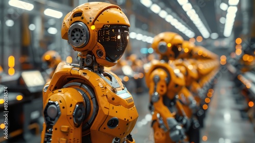 A futuristic production line with rows of orange robots in a high-tech factory, representing advanced robotics and automation technology.