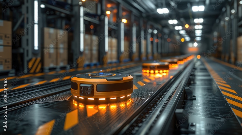 Automated robots work in a high-tech warehouse, efficiently moving goods on conveyor belts. Modern logistics and automation in action. Automated robots work in a high-tech warehouse, efficiently moving goods on conveyor belts. Modern logistics and automation in action.