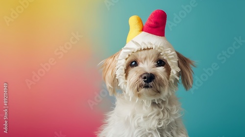 A little dog in a chicken costume for easter isolated on colorful background photo