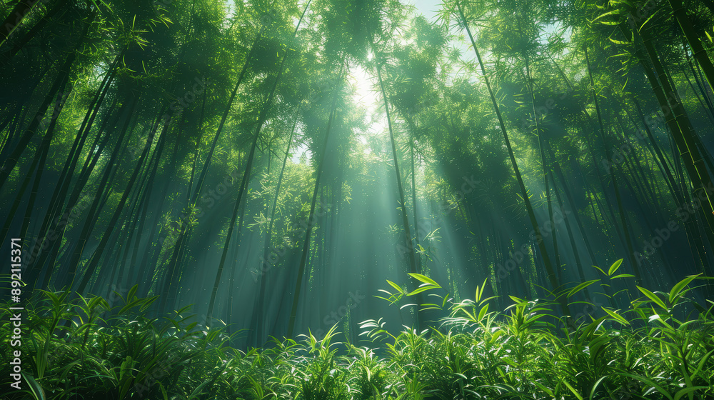 Fototapeta premium A low angle view of a bamboo forest with sunbeams piercing through the foliage. The lush green leaves and tall bamboo stalks create a sense of tranquility and mystery. 