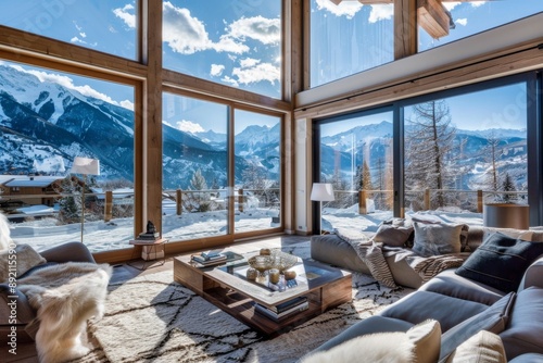 Spacious living room in a modern chalet with large windows offering stunning mountain views, featuring comfortable seating and elegant decor, creating a cozy yet luxurious atmosphere