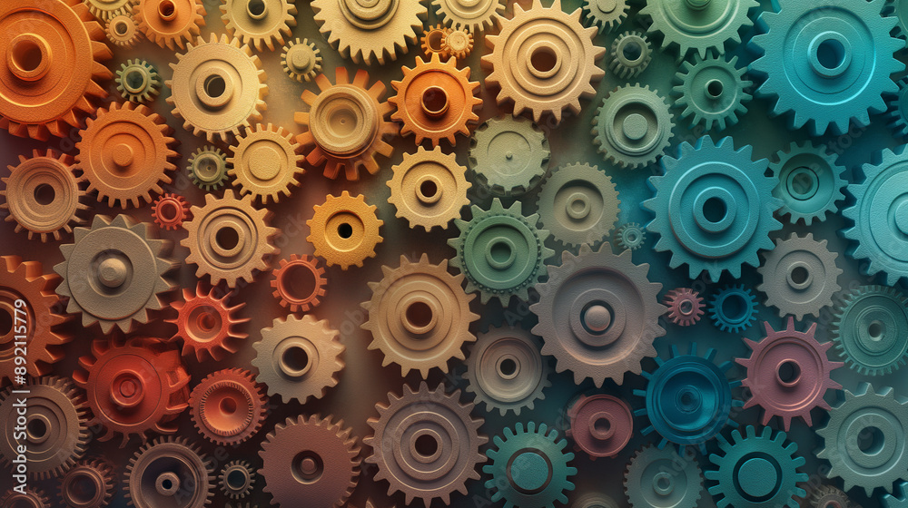 A colorful image of many gears with a variety of colors A colorful image of many gears with a variety of colors