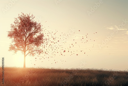 a beautiful autumn landscape with trees and leaves falling in the air, In the foreground there is a tree on one side of the frame