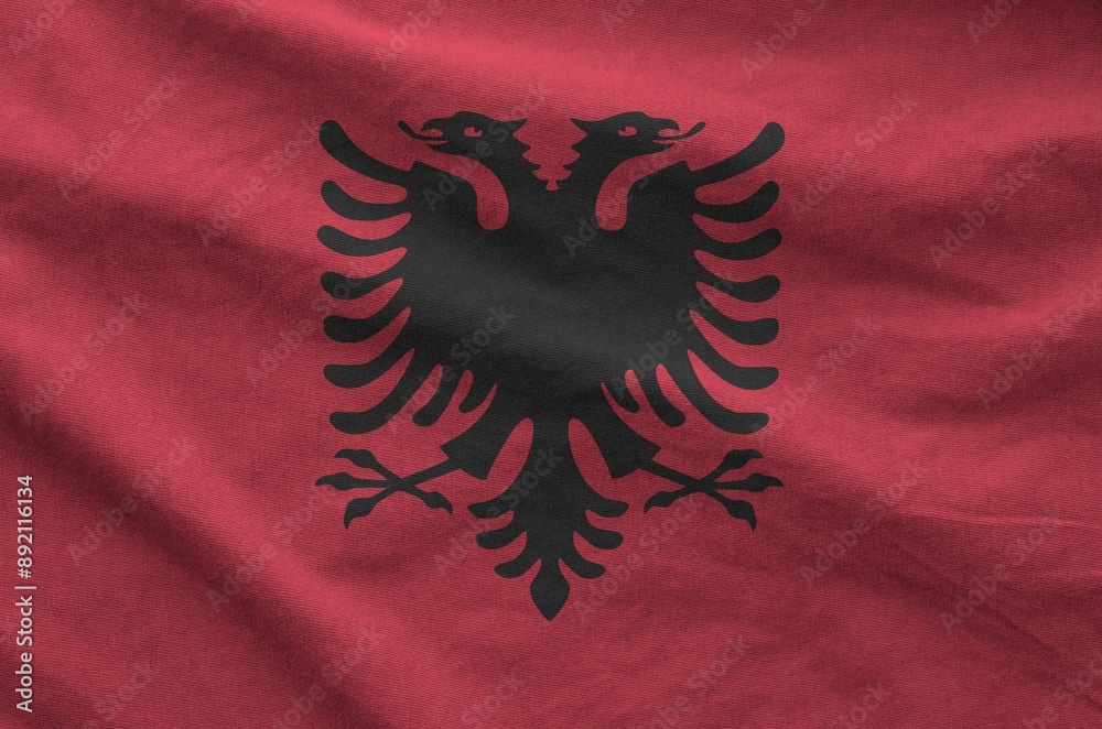 Albania flag depicted on folded wavy fabric of old cloth close up Albania flag depicted on folded wavy fabric of old cloth close up