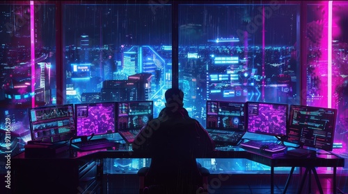 Data Dreamscape: Cyberpunk Hacker Workspace in a Neon City photo