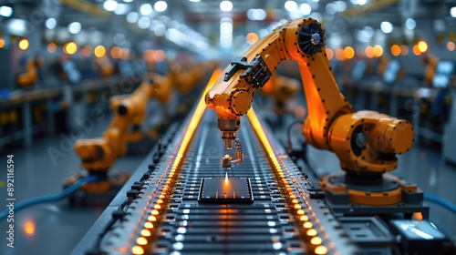 Industrial robots working on a conveyor belt in a modern factory. Advanced automation technology in a high-tech manufacturing facility.