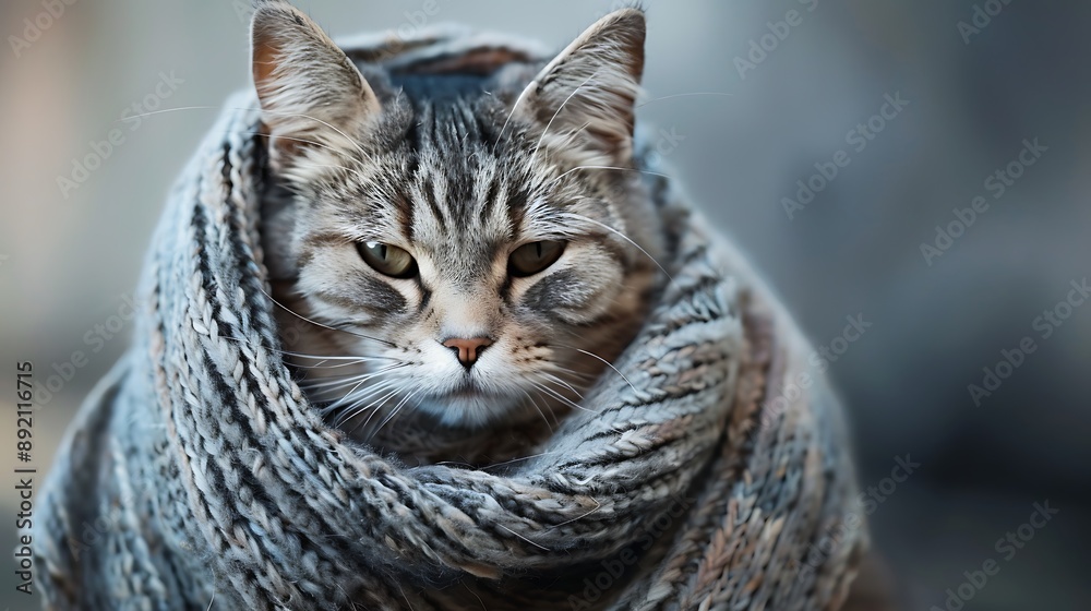 A sad and pensive cat of exotic breed in a scarf sits A sad and pensive cat of exotic breed in a scarf sits