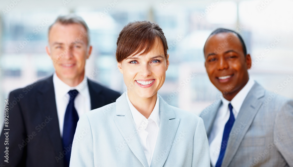Business people, woman and leader portrait for teamwork with confidence, smile and pride for career in office. Professional, employee or corporate agency with collaboration, happy or management group Business people, woman and leader portrait for teamwork with confidence, smile and pride for career in office. Professional, employee or corporate agency with collaboration, happy or management group