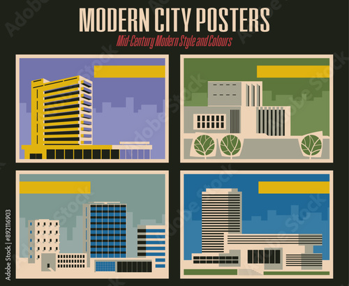 Modern City Retro Posters Style Vector Illustrations, Modern Buildings, Mid Century Modern Colors and Shapes